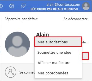 Capture d'écran du menu de l'utilisateur dans lequel l'option Mes autorisations est en surbrillance.