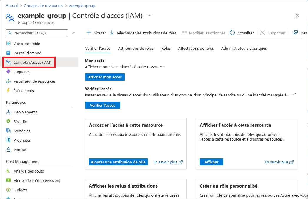 Capture d'écran montrant l'option Contrôle d'accès (IAM) dans le volet Groupe de ressources.