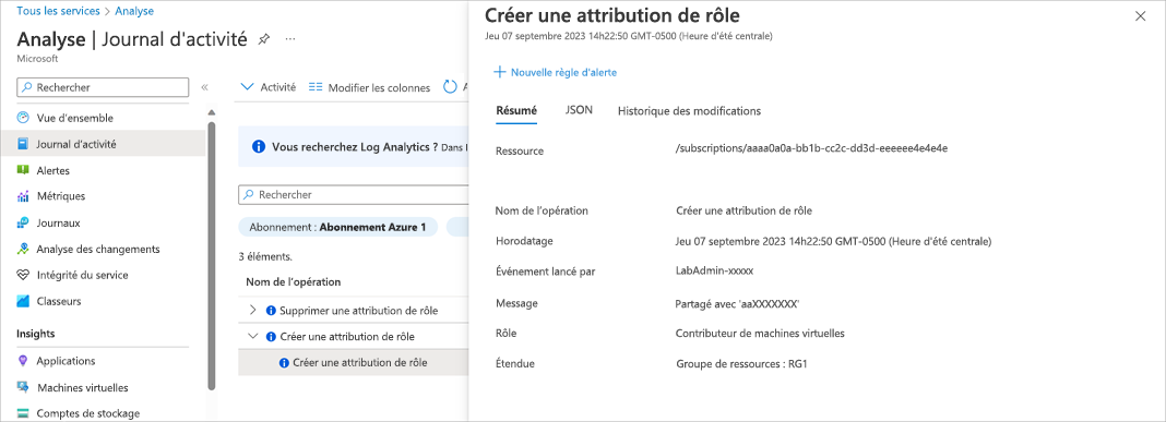 Screenshot showing the details for an activity log.