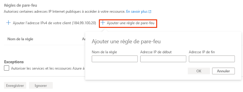 Capture d’écran du portail Azure montrant la création d’une règle de pare-feu de serveur.