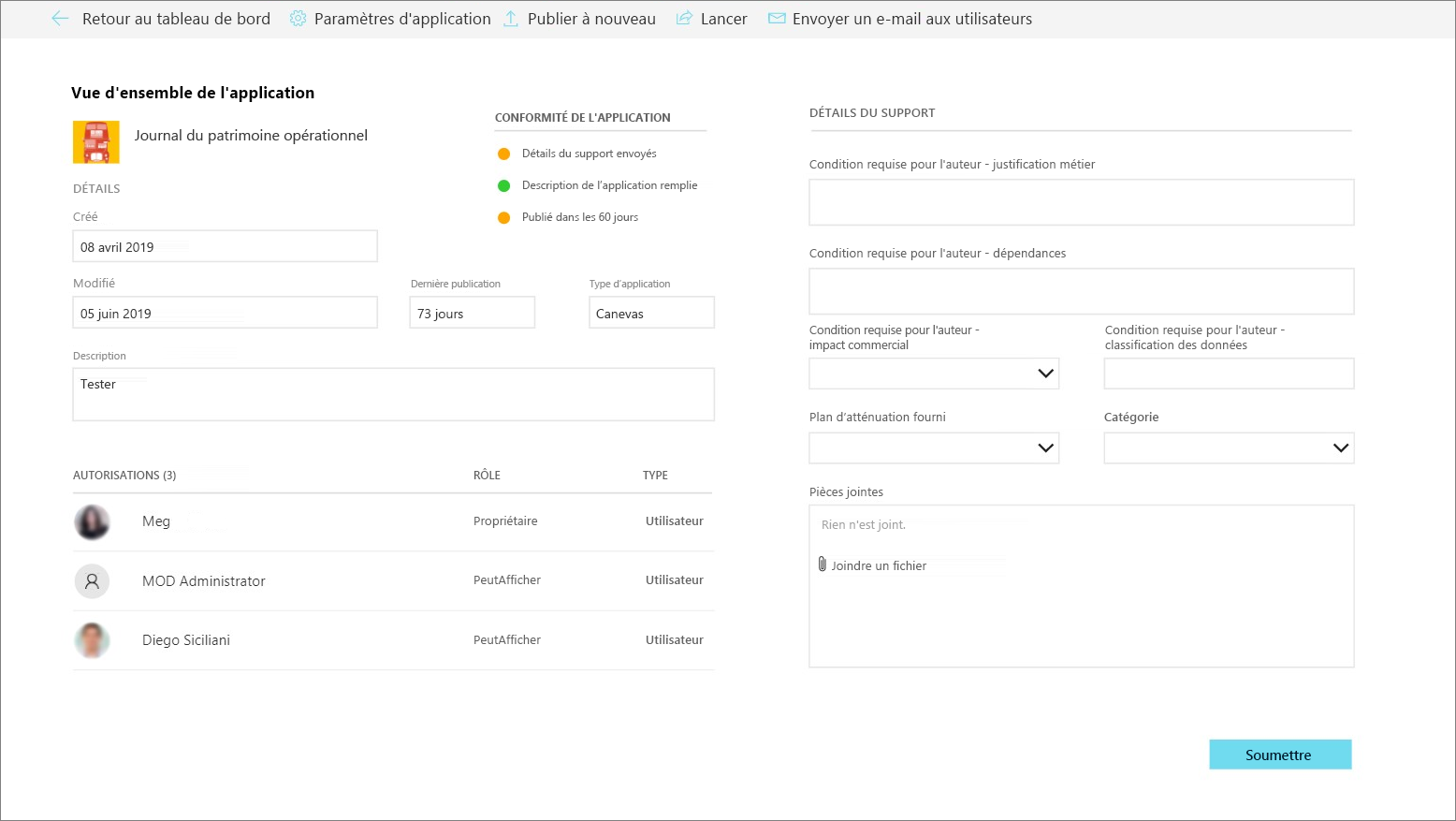 Capture d’écran de la vue d’ensemble de l’application du centre de conformité du développement CoE.