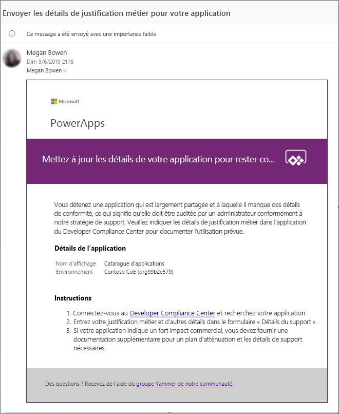 Capture d’écran de l’e-mail CoE avec les détails et les instructions de l’application.