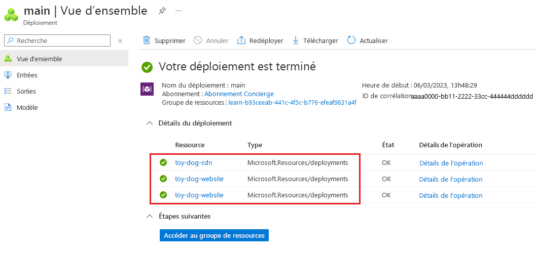 Capture d’écran du Portail Azure qui montre les détails du déploiement principal.