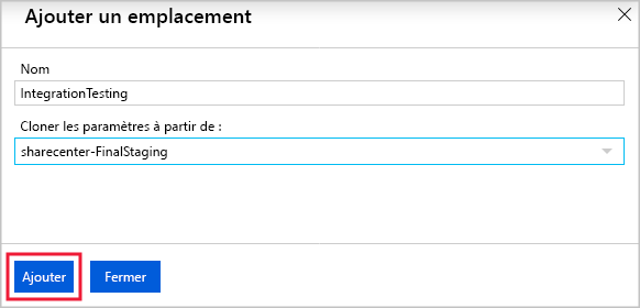 Screenshot of naming a new deployment slot and choosing whether to clone settings in the Azure portal.