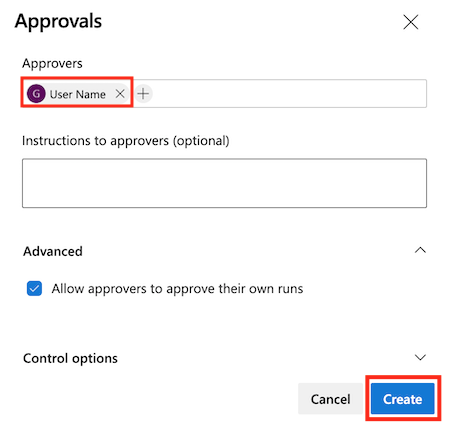 Capture d’écran de l’interface Azure DevOps qui montre la page d’ajout d’une vérification d’approbation, avec les détails renseignés et le bouton Créer mis en évidence.