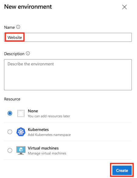 Capture d’écran de la page Azure DevOps d’un nouvel environnement, avec les détails renseignés et le bouton Créer mis en évidence.