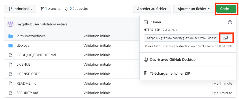 Capture d’écran de l’interface GitHub montrant le nouveau dépôt, avec le bouton de copie de l’URL du dépôt mis en évidence.