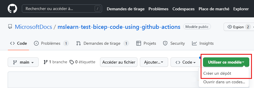 Capture d’écran de l’interface GitHub montrant le dépôt de modèles, avec le bouton « Utiliser ce modèle » mis en évidence.