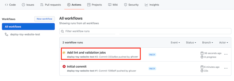 Capture d’écran de GitHub Actions où le lien vers l’exécution la plus récente du workflow est mis en évidence.