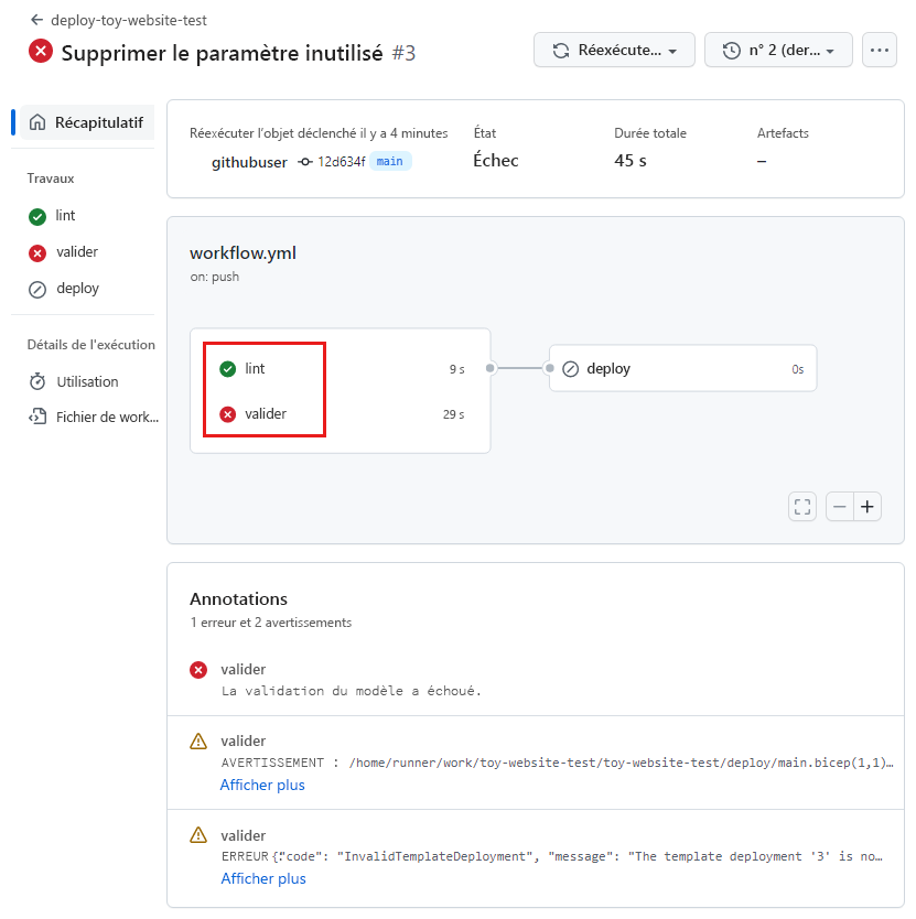 Capture d’écran de l’exécution du workflow, avec le message de réussite du travail lint et le message d’échec du travail validate.