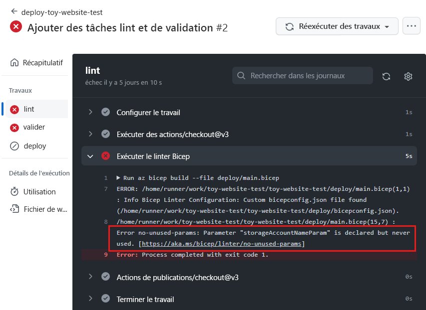 Capture d’écran du journal du workflow pour le travail lint, avec l’étape d’exécution d’un linter Bicep mise en évidence.