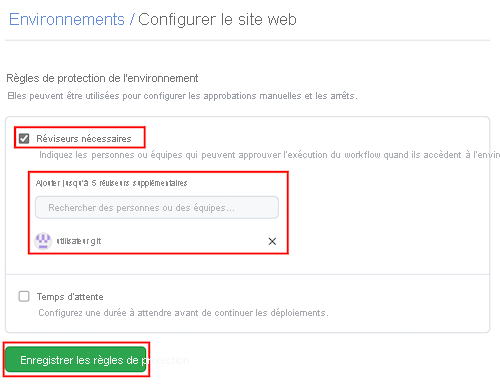 Capture d’écran de l’interface GitHub qui montre l’environnement Website, avec la case Réviseurs nécessaires et la zone de texte associée mises en évidence.