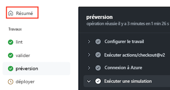 Capture d’écran de l’interface GitHub qui montre le menu Résumé, avec la flèche de retour mise en évidence.