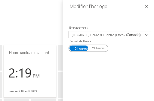 Capture d’écran montrant les paramètres Modifier l’horloge pour la vignette Horloge sur le portail Azure.