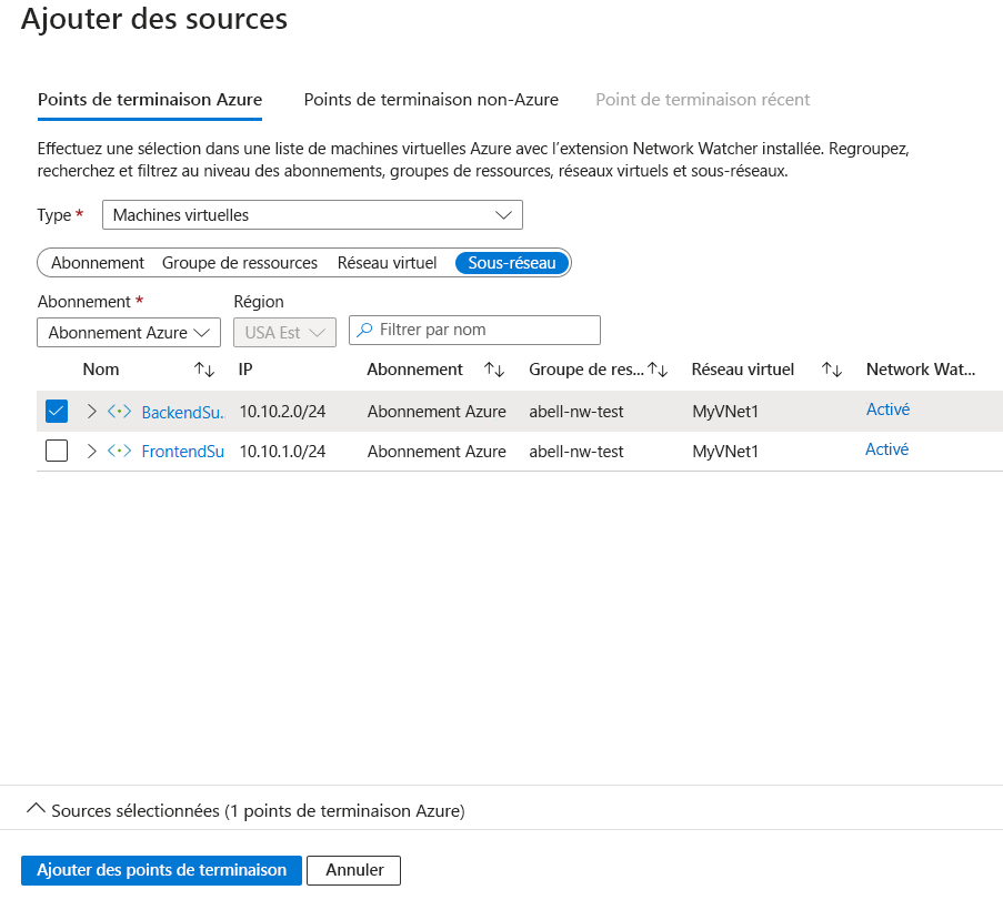 Capture d’écran montrant l’activation du sous-réseau backend Network Watcher.