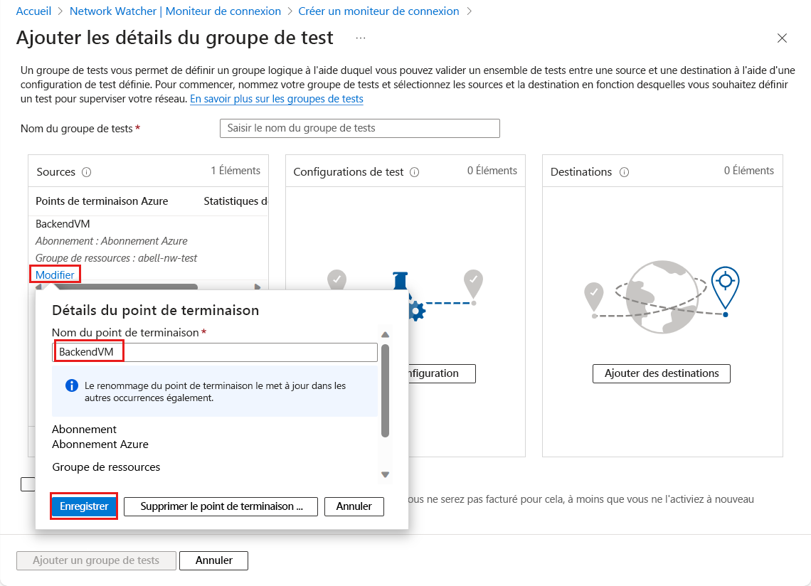 Capture d’écran montrant la modification du nom du point de terminaison.