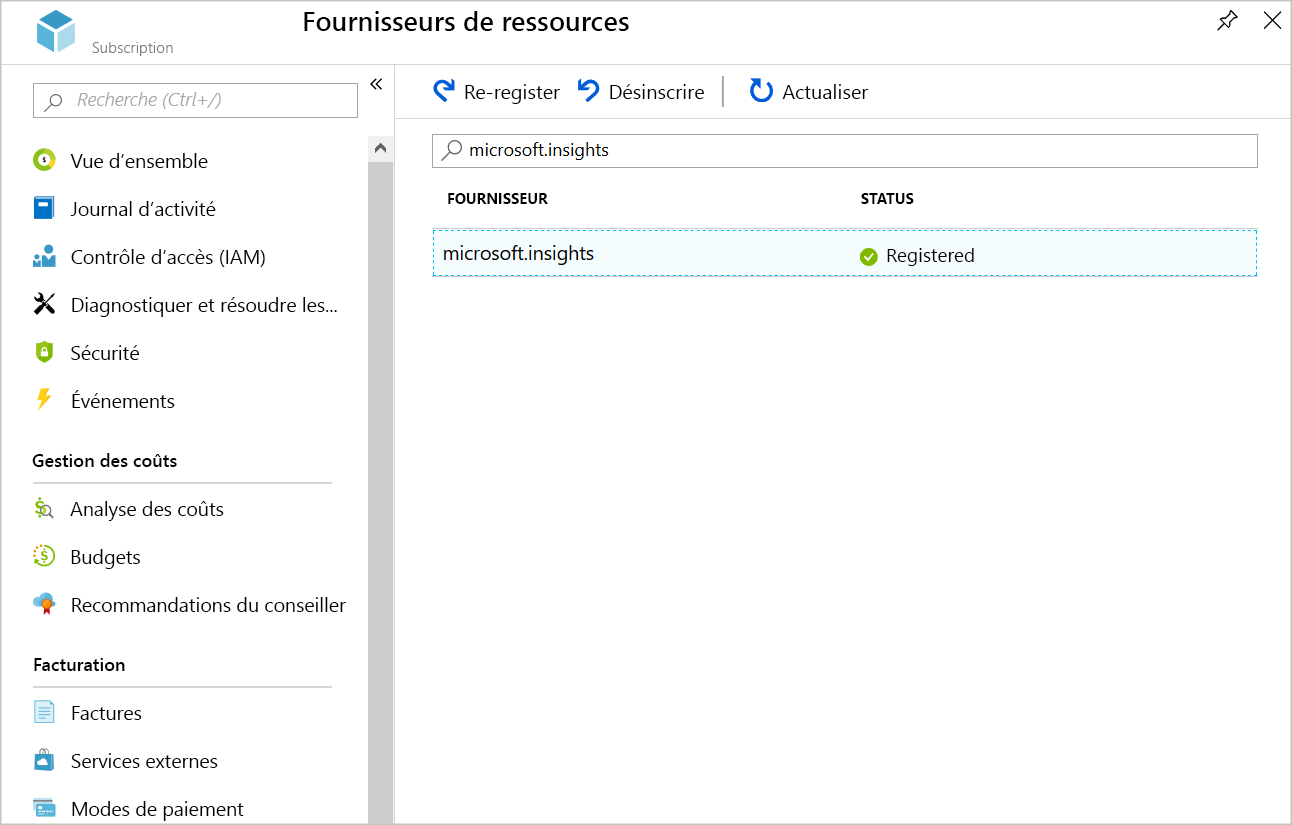 Screenshot showing the registered Microsoft.Insights provider.