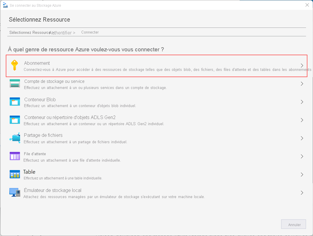 Capture d’écran montrant l’écran sélectionner une ressource dans l’assistant Stockage Azure.