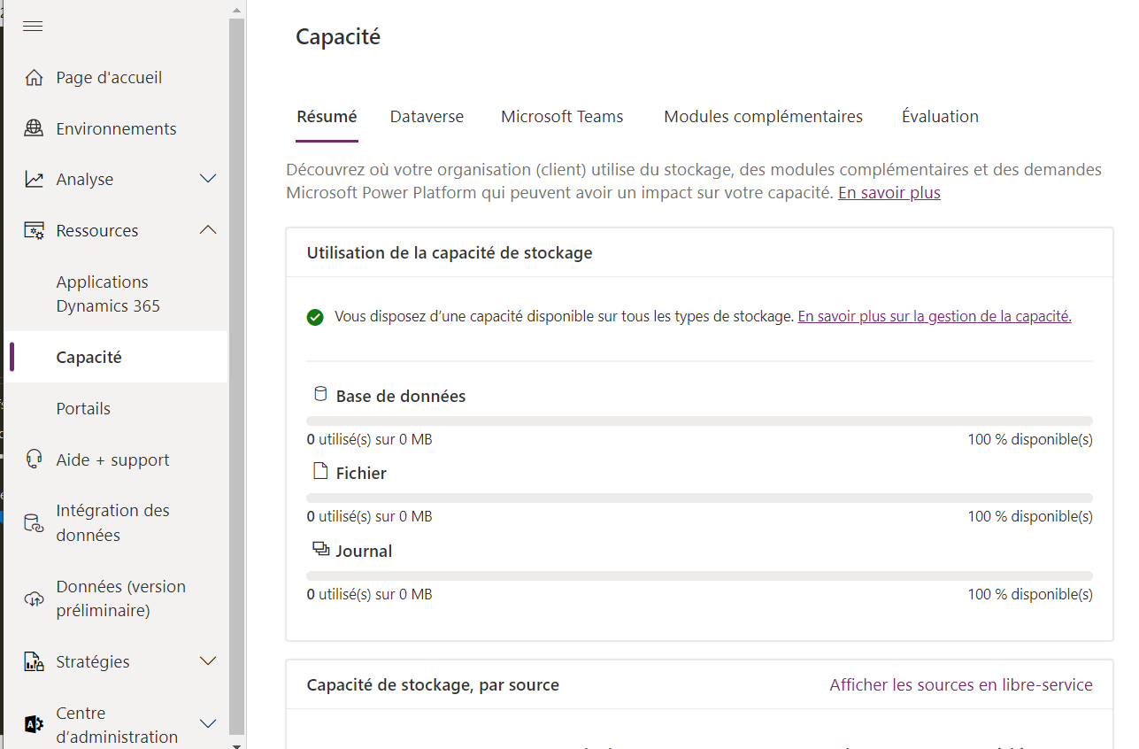 Capture d’écran de la synthèse de la capacité de stockage dans Dataverse.