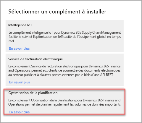 Capture d’écran de la page Sélectionner un complément à installer.