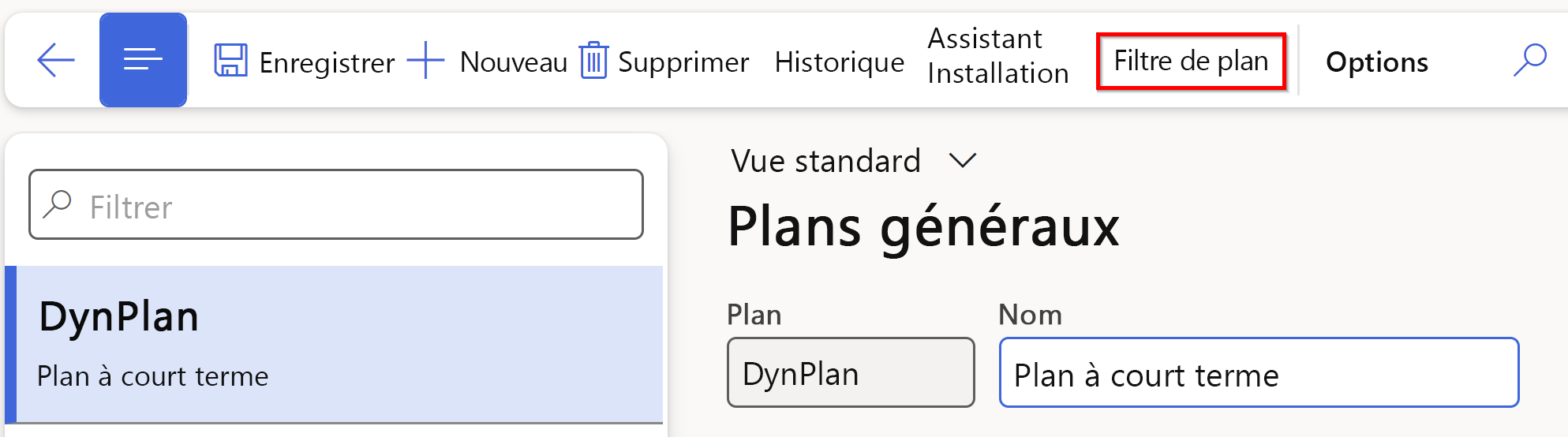 Capture d’écran de la page Plans généraux mettant en évidence l’onglet Filtre de plan.