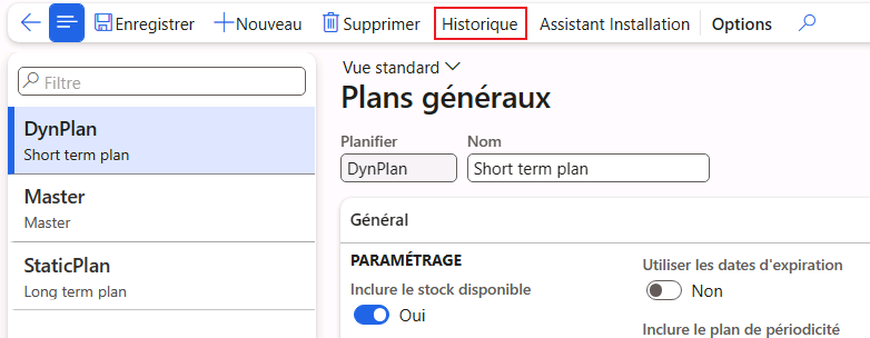 Capture d’écran de la page Historique des plans généraux.