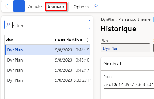 Capture d’écran de la page Journaux dans le menu du volet Actions.