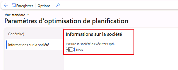  Capture d’écran de la page Paramètres du complément Optimisation de la planification mettant en évidence l’onglet Informations société.