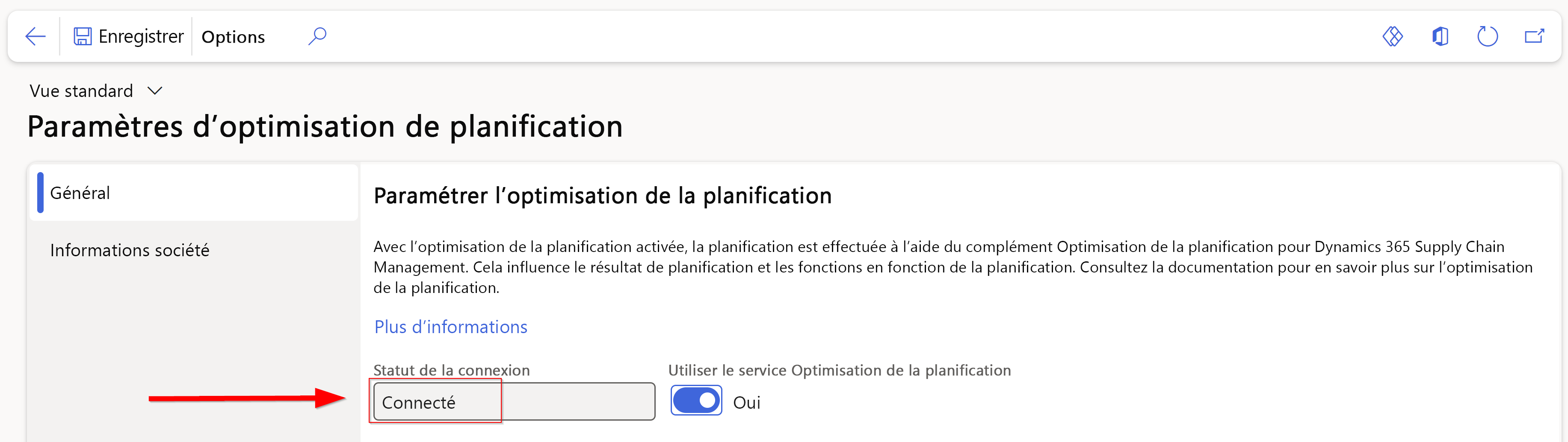  Capture d’écran de la page Paramètres du complément Optimisation de la planification.