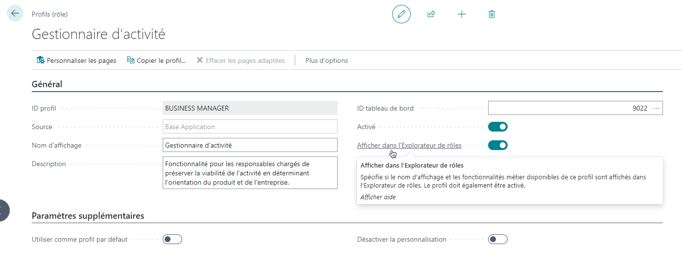 Capture d’écran des paramètres de profil avec l’option Afficher dans l’Explorateur de rôles activée.