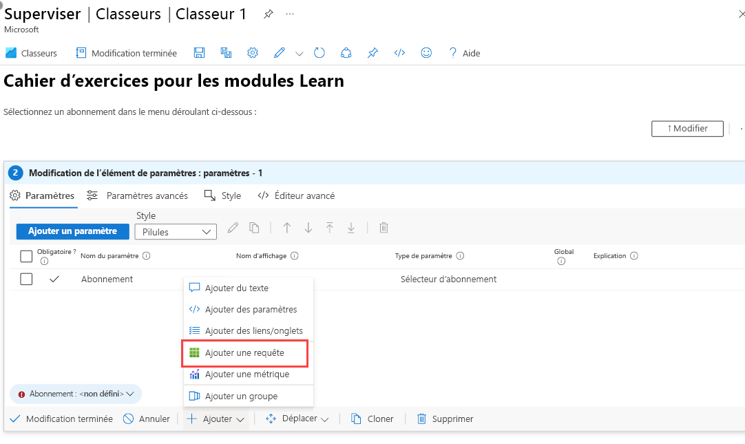 Capture d’écran montrant l’icône Ajouter une requête dans un workbook.