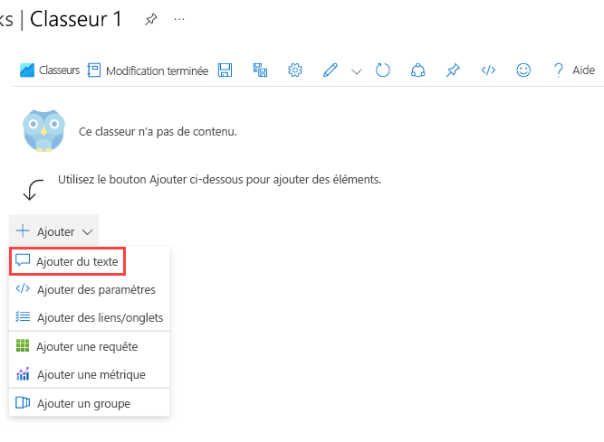 Capture d’écran montrant le bouton Ajouter du texte dans un workbook Azure.