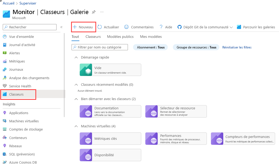 Capture d’écran montrant l’icône Nouveau workbook dans la page Workbooks Azure.