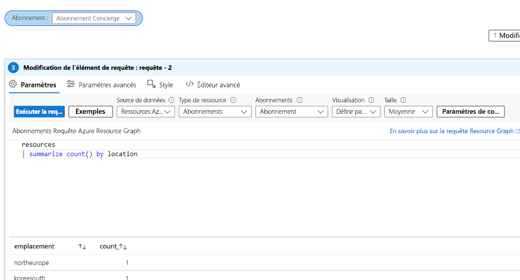 Capture d’écran montrant une requête en cours de configuration dans un workbook.