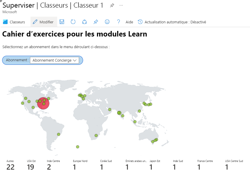 Capture d’écran montrant un workbook Azure avec une carte montrant les ressources d’un abonnement.