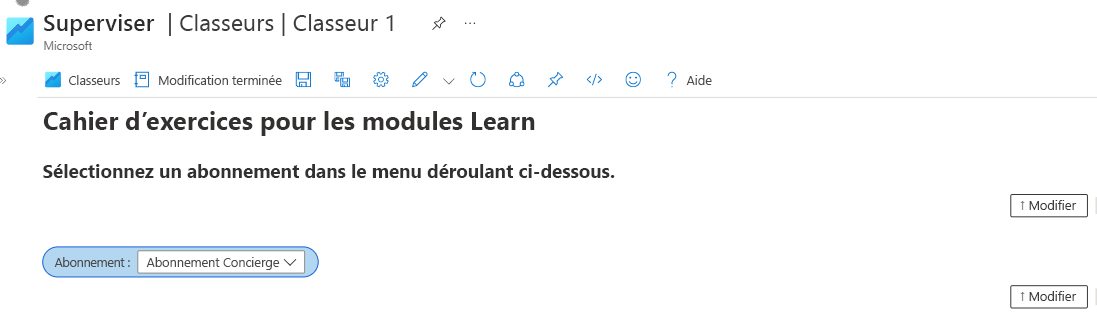 Capture d’écran montrant un workbook Azure avec une liste déroulante de sélecteur d’abonnement.