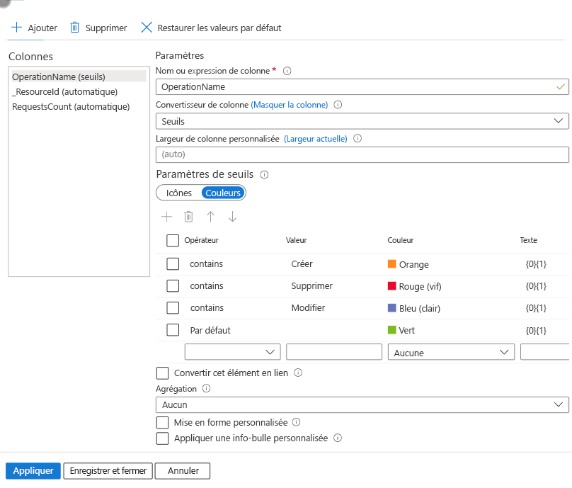 Screenshot that shows setting the colors in a grid in Azure Workbooks.