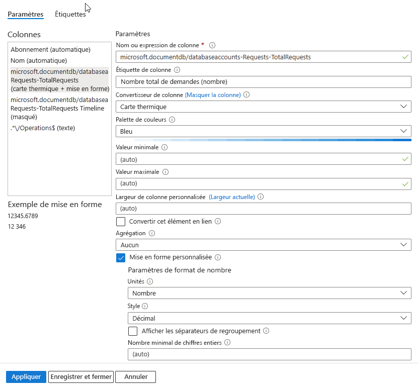 Screenshot that shows setting the colors in a grid using the heatmap setting in Azure Workbooks.