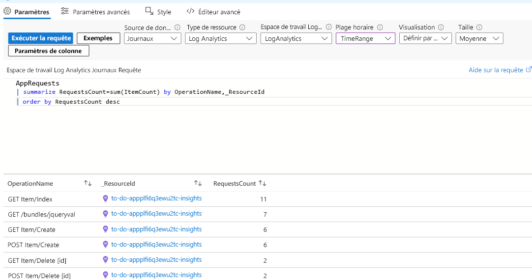 Screenshot that shows a query for the number of requests to a web app in an Azure Workbooks.