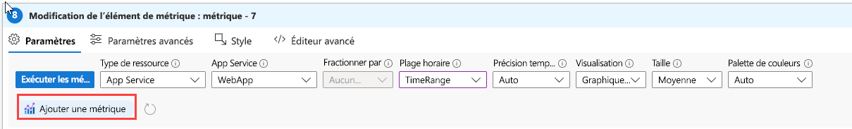 Screenshot that shows the metric settings for a web app in Azure Workbooks.