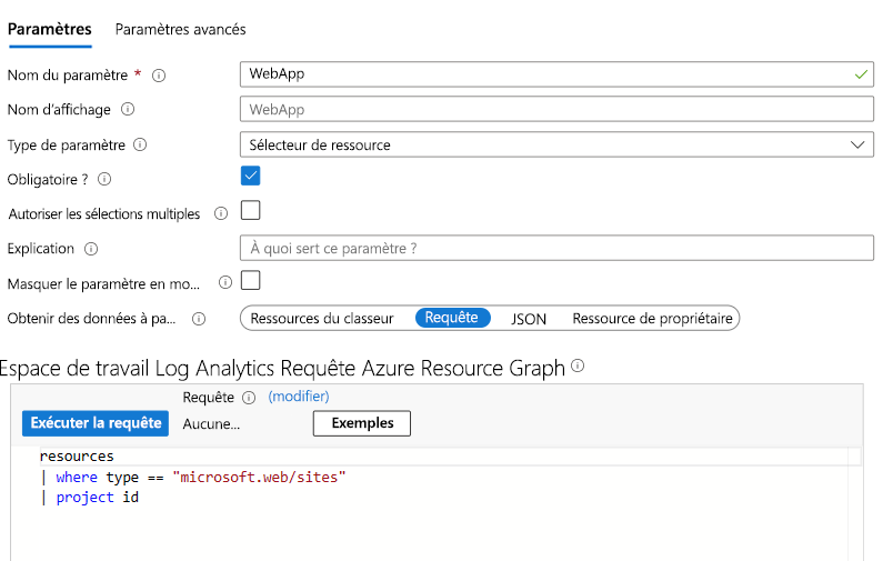 Screenshot that shows the web app parameter in a workbook.