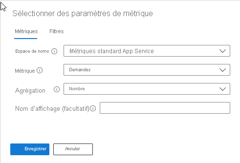 Screenshot that shows the metric settings for the number of requests made to a web app in Azure Workbooks.