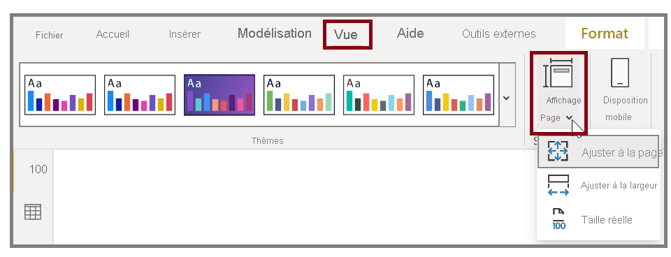 Capture d’écran du bouton « Mode Page » et des options de la liste déroulante.