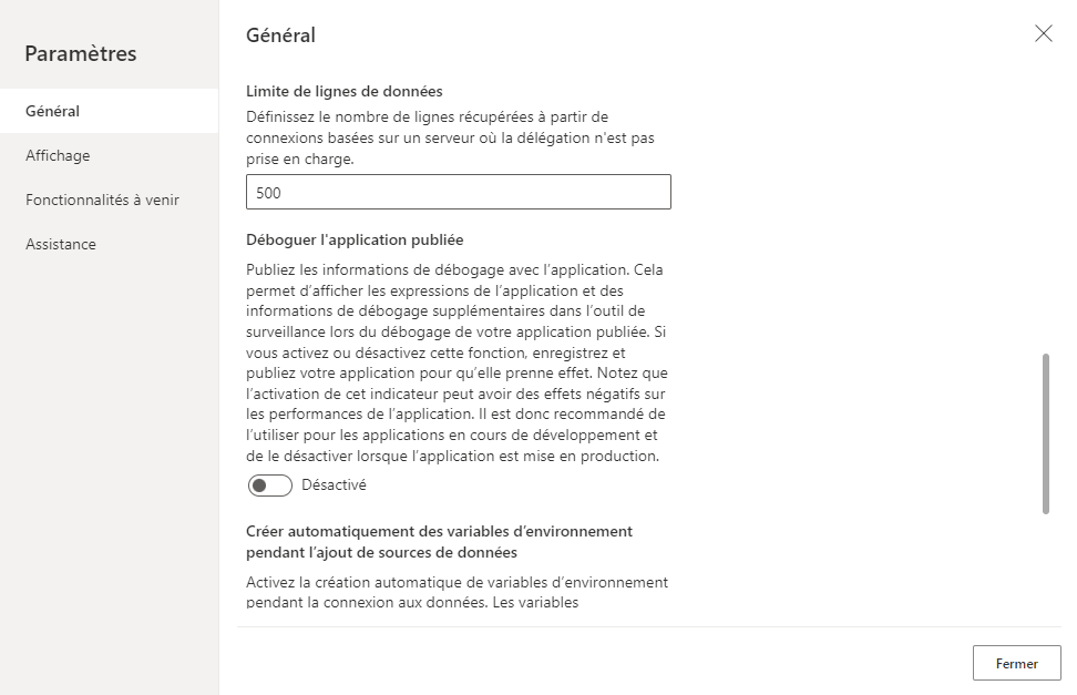 Capture d’écran de la zone Paramètres > Paramètres avancés Power Apps avec une limite de lignes de données définie.