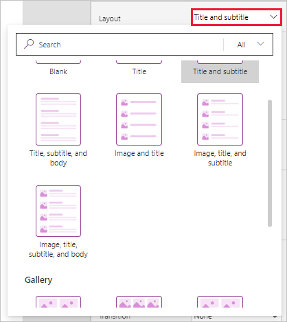 Capture d’écran faisant défiler les options Layout avec le champ déroulant sélectionné.