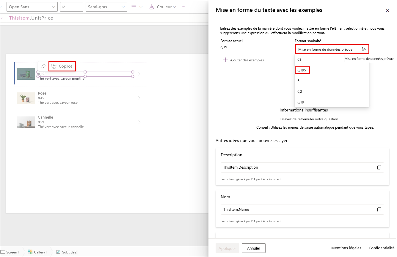 Capture d’écran du texte du champ UnitPrice.