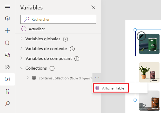 Capture d’écran du menu Variables avec Collections développée et le bouton Afficher la table en surbrillance.