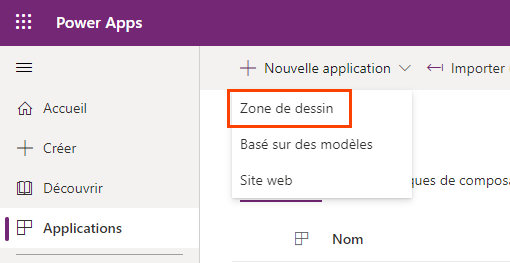 Capture d’écran de la sélection Applications, + Nouvelle application et Canevas avec Canevas mis en surbrillance.