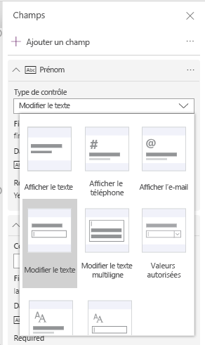 Capture d’écran du changement de type de contrôle dans la liste déroulante.