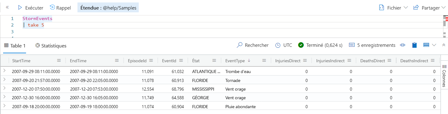 Capture d’écran de la sortie de la requête avec cinq lignes arbitraires.